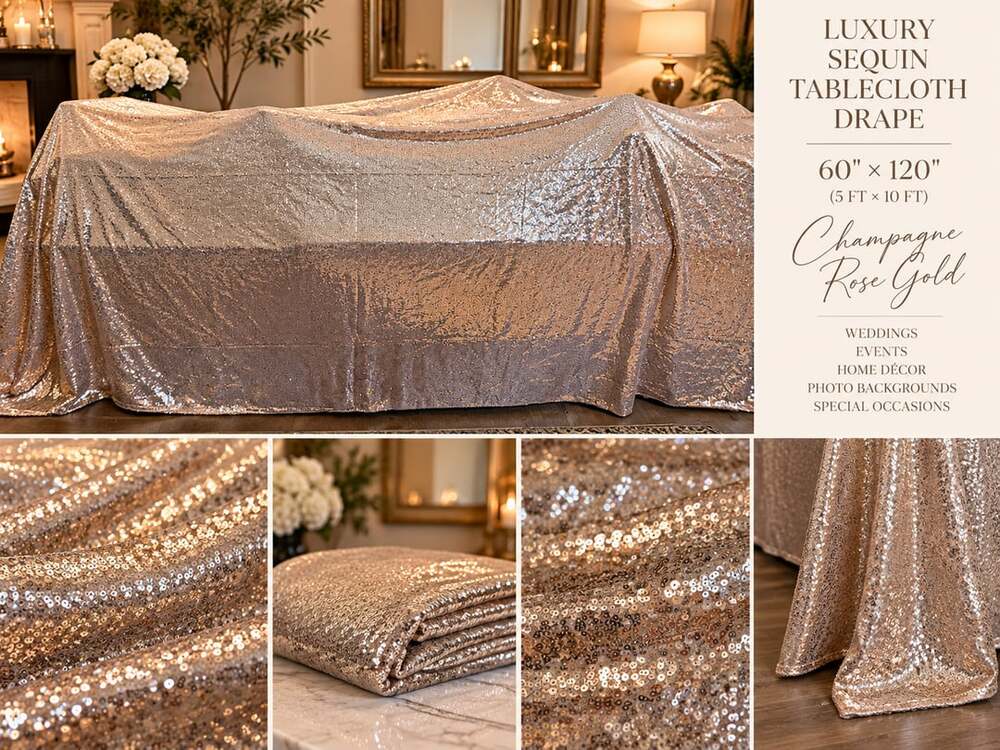 Luxury Sequin Tablecloth Drape 60" x 120" Champagne Rose Gold
